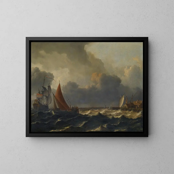 a small sailboat tacking in a strong breeze with a flagship offshore on the left and a quay on the right - Aernout Smit — framed artwork on a wall