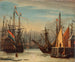 View of the IJ port in winter in Amsterdam with characters skating between boats and a figure sitting on an ice block in the foreground - Aernout Smit — artwork view