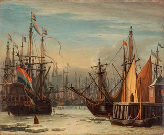 View of the IJ port in winter in Amsterdam with characters skating between boats and a figure sitting on an ice block in the foreground - Aernout Smit — artwork view