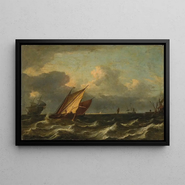 Ships sailing in rough sea near a port - Aernout Smit — framed artwork on a wall