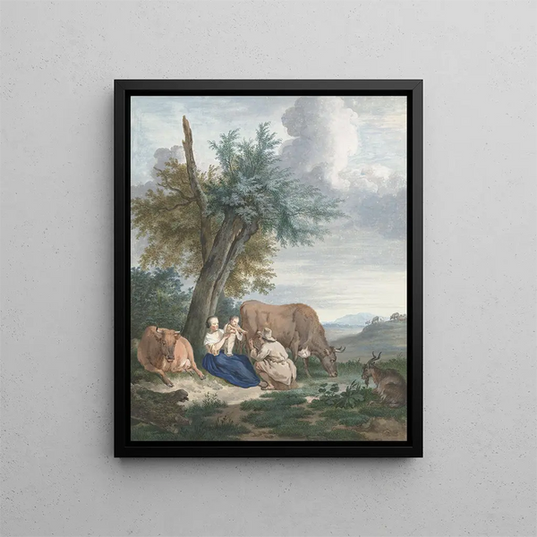 a farmer and a farmworker with a child in a landscape with livestock - Aert Schouman — framed artwork on a wall