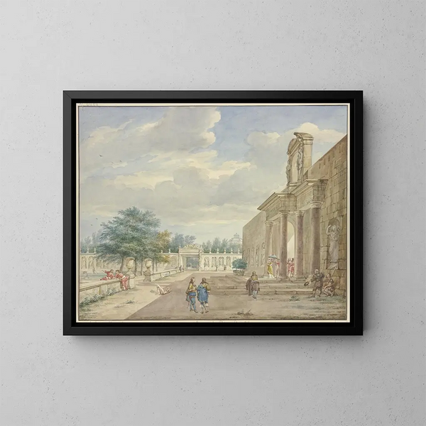 Garden with terrace and opulent gate - Aert Schouman — framed artwork on a wall