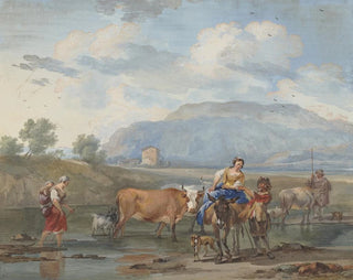 The shepherds leading goats across water, on the left a woman carrying her child on her back, on the right another riding a donkey. - Aert Schouman — artwork view