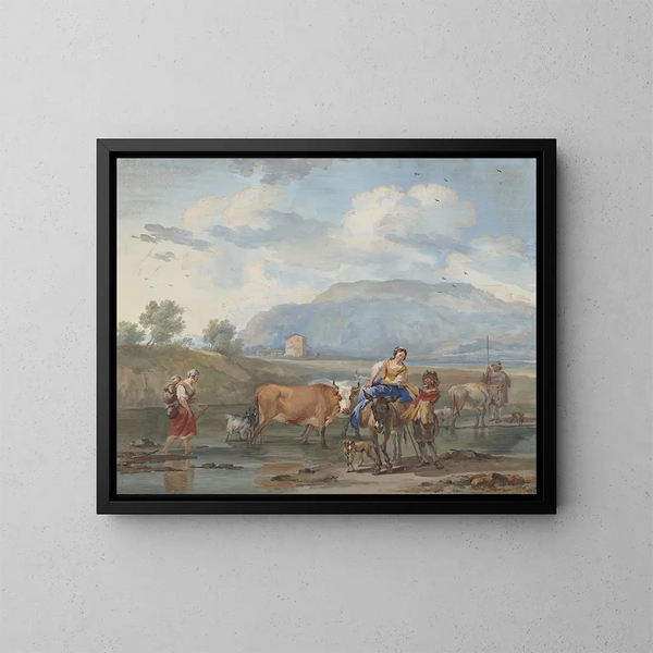 The shepherds leading goats across water, on the left a woman carrying her child on her back, on the right another riding a donkey. - Aert Schouman — framed artwork on a wall