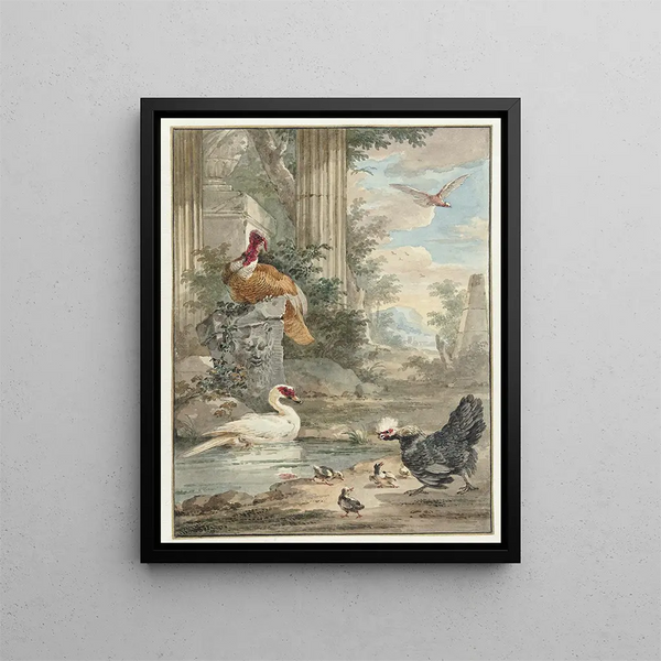 Turkey and other birds near the classical ruins of a park - Aert Schouman — framed artwork on a wall