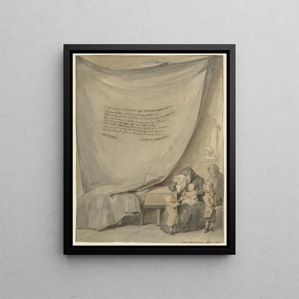 Widow with four children in front of a coffin - Aert Schouman — framed artwork on a wall