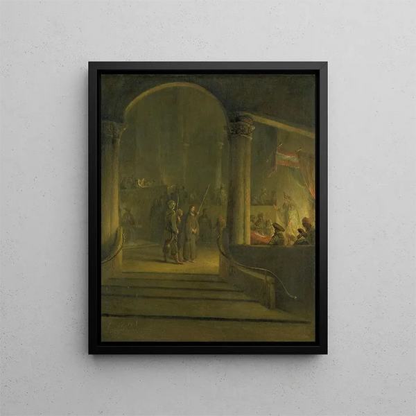 The Christ before Caiaphas - Aert de Gelder — framed artwork on a wall