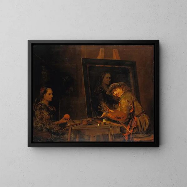 Self-portrait in Zeuxis painting an old ugly woman - Aert de Gelder — framed artwork on a wall