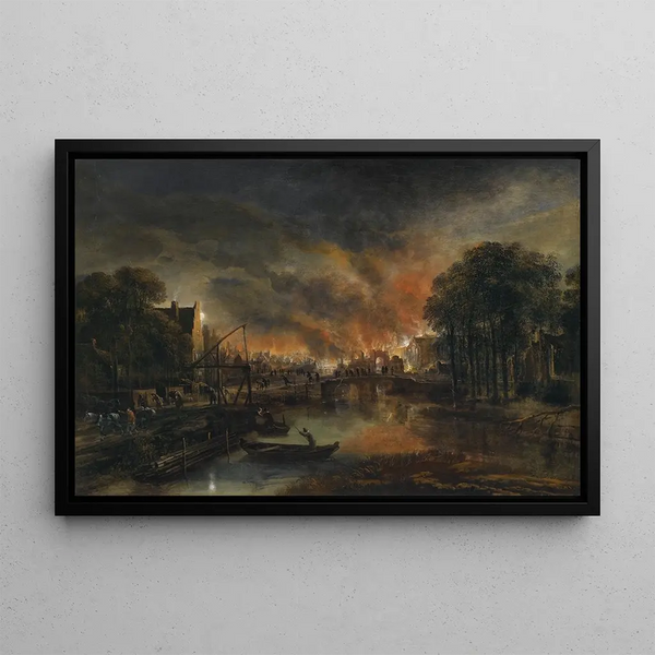 Landscape painting with moonlight and a burning village - Aert van der Neer — framed artwork on a wall
