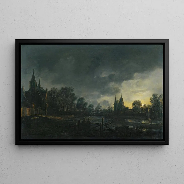 Landscape painting of a moonlit river scene with figures near a door, a village beyond - Aert van der Neer — framed artwork on a wall