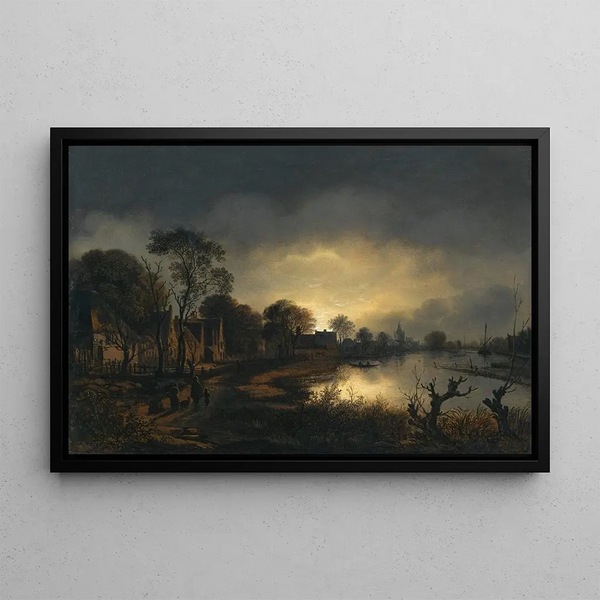 River landscape painting at dusk with figures walking along a path towards a village on the left, a church in the distance - Aert van der Neer — framed artwork on a wall