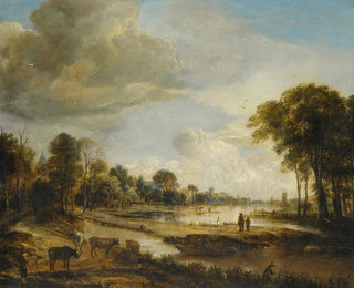 a river landscape with figures and livestock - Aert van der Neer — artwork view