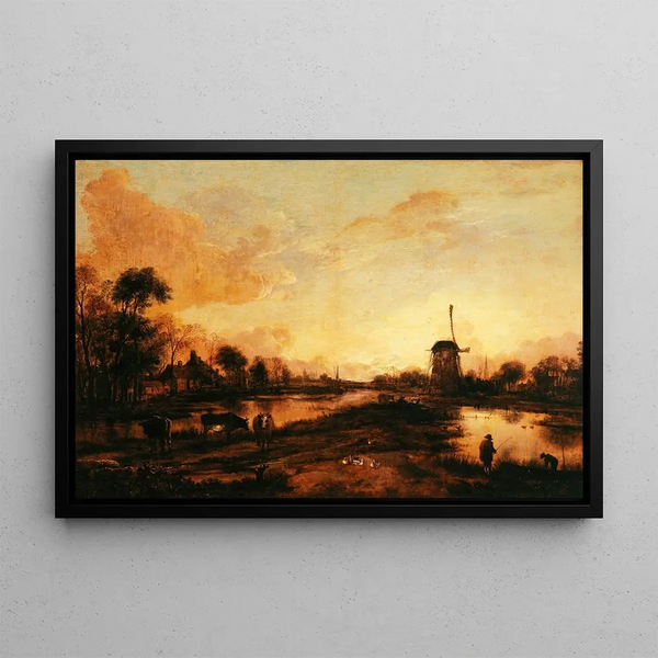 Sunset on the Yssel - Aert van der Neer — framed artwork on a wall
