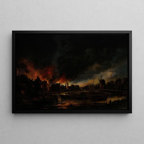 Fire in a Village at Night - Aert van der Neer — framed artwork on a wall