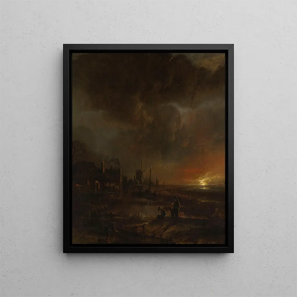 Night Fishing - Aert van der Neer — framed artwork on a wall