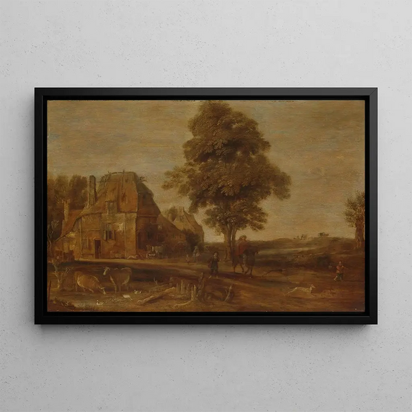 Landscape with an Inn - Aert van der Neer — framed artwork on a wall