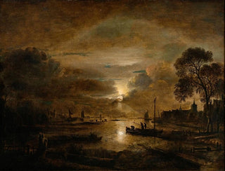 Moonlight painting on a Dutch river - Aert van der Neer — artwork view