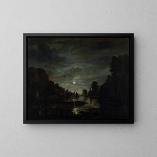 River landscape painting in moonlight - Aert van der Neer — framed artwork on a wall