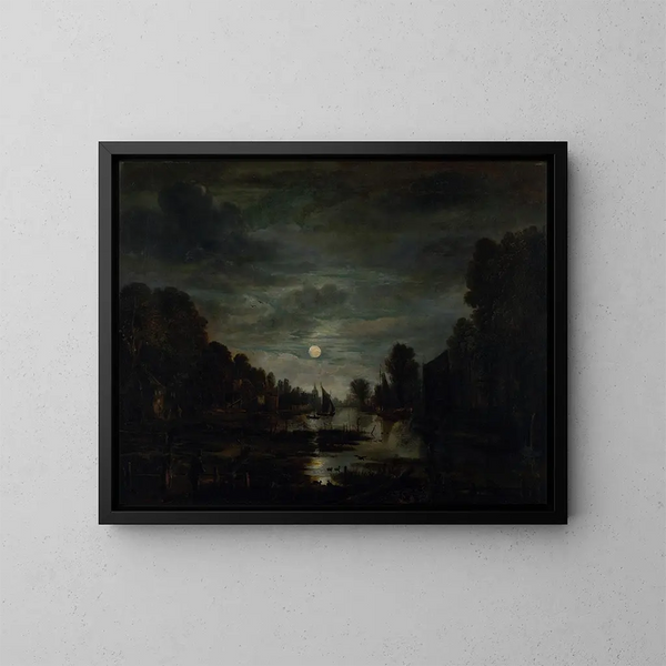 River landscape painting in moonlight - Aert van der Neer — framed artwork on a wall