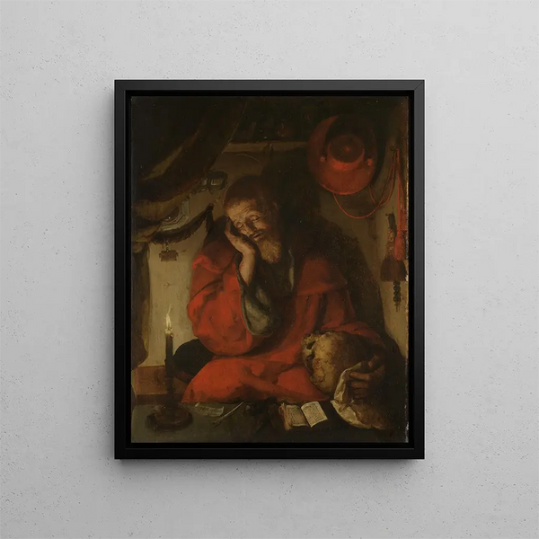 Saint Jerome in His Study at Candlelight - Aertgen Claesz van Leyden — framed artwork on a wall
