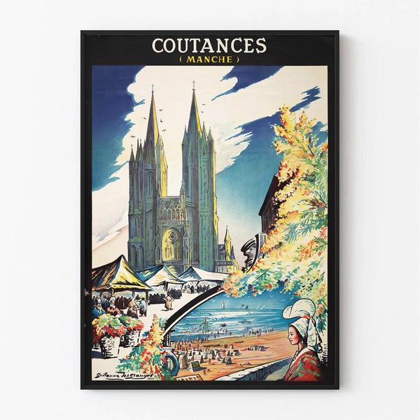 Vintage Coutances Poster – Cathedral and Market