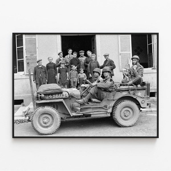 Normandy Landing Poster - Military Jeep with Soldiers and Civilians