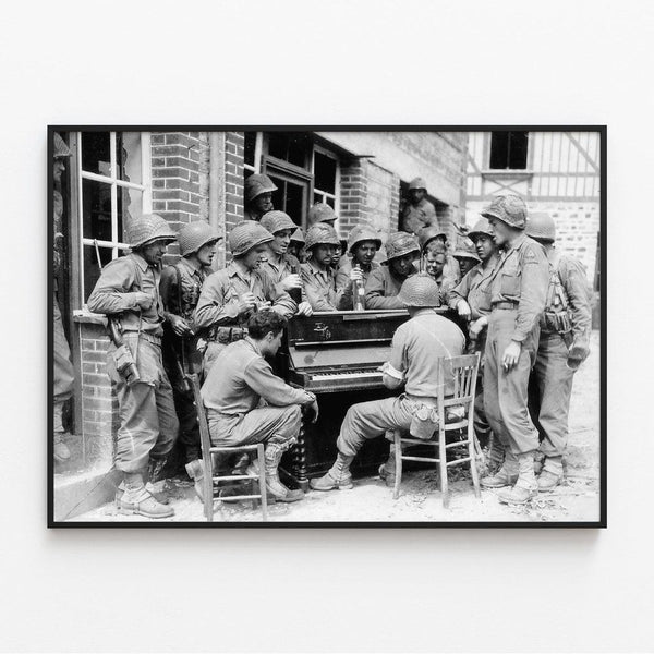 Normandy D-Day Poster - American soldiers around a piano in Barenton
