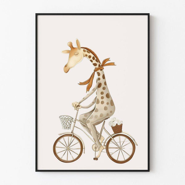 Poster Baby Room Decoration - "Giraffe on Bicycle, Gentle Ride"