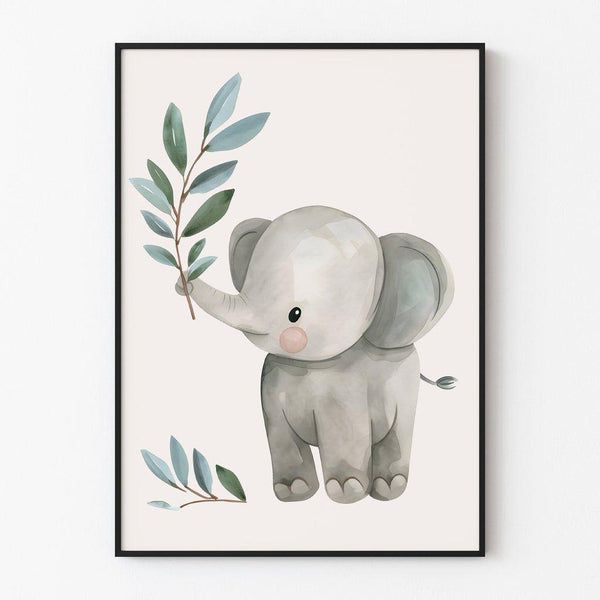 Poster Decoration Baby Room - "Little Elephant and Foliage Branch"