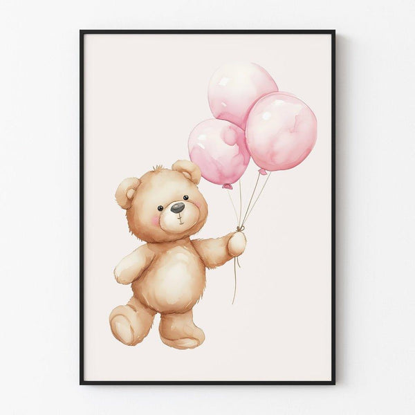 Poster Baby Room Decoration - "Little Bear and Pink Balloons"