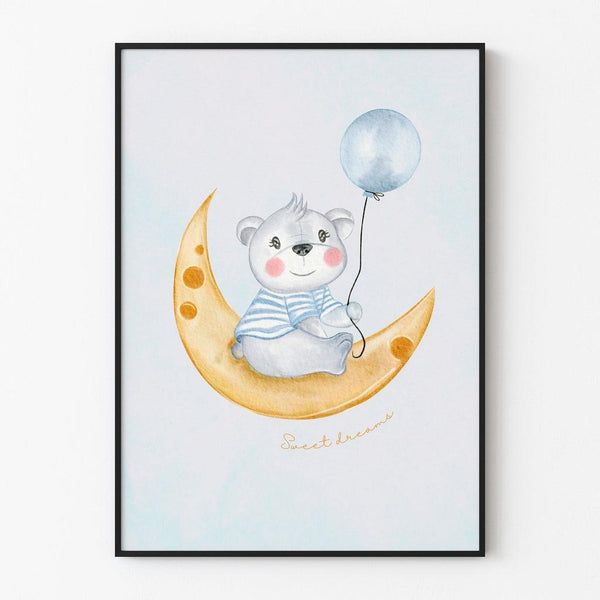 Baby Room Decoration Poster - "Little Dreamer Bear on the Moon"