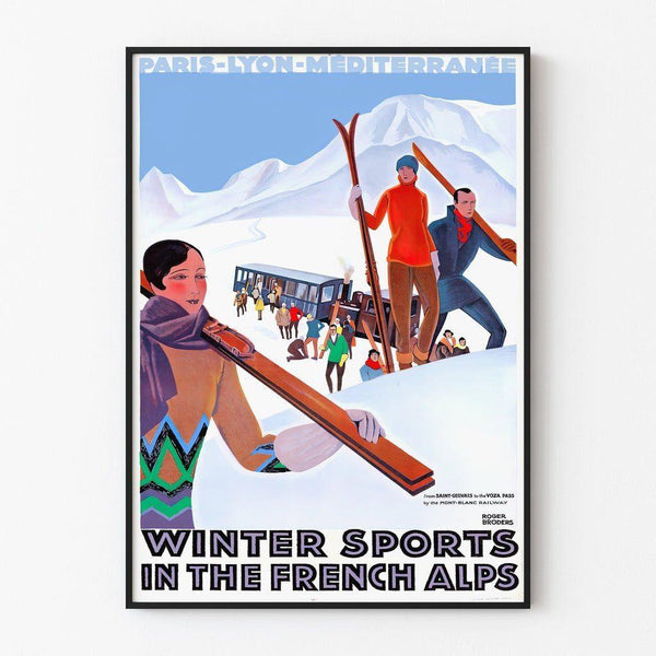 Vintage Winter Sports Poster in the Alps — framed artwork on a wall