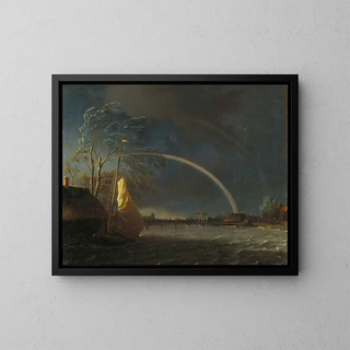 Water landscape painting with rainbow - After Allart van Everdingen — framed artwork on a wall