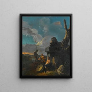Soldiers discussing near Roman ruins - After Andrea Locatelli — framed artwork on a wall