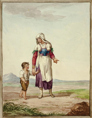 Femme en costume autochtone avec un garçon sur la route - Après Bartolomeo Pinelli — artwork view