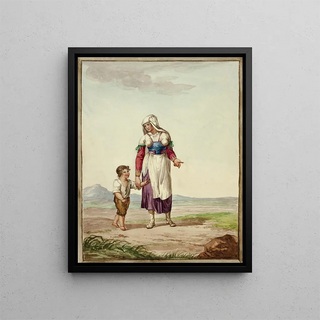 Femme en costume autochtone avec un garçon sur la route - Après Bartolomeo Pinelli — framed artwork on a wall