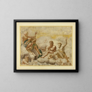 Saint Peter and other seated apostles with Saint John the Evangelist below - After Correggio — framed artwork on a wall