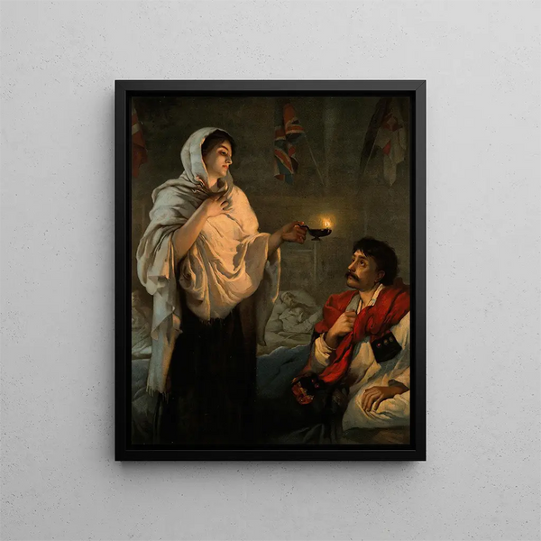 Florence Nightingale with her lamp at a patient's bedside - After Henrietta Rae — framed artwork on a wall