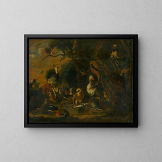 Each bird sings as it is beaked - After Melchior de Hondecoeter — framed artwork on a wall