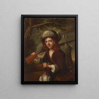 a young hunter wearing a fur hat with a gun, a mallard, and a hare - After Wallerant Vaillant — framed artwork on a wall