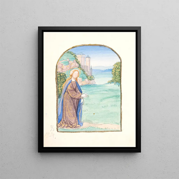 Sainte femme dans un paysage avec un château en arrière-plan - Agnes Slott-Møller — framed artwork on a wall