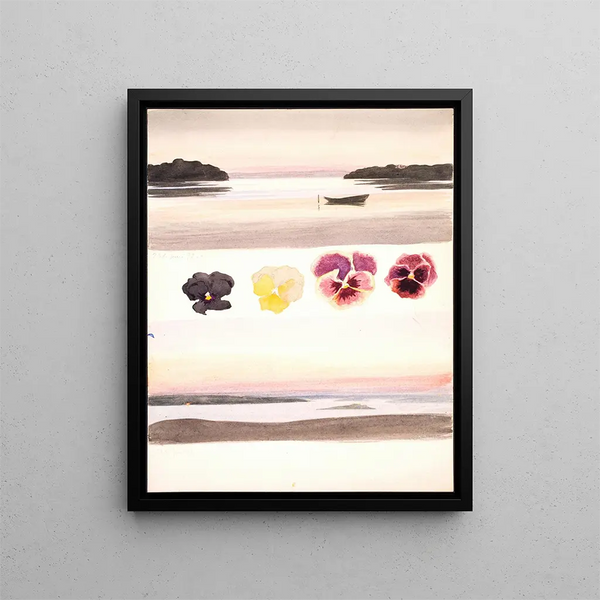 Two evening landscapes separated by flower studies - Agnes Slott-Møller — framed artwork on a wall