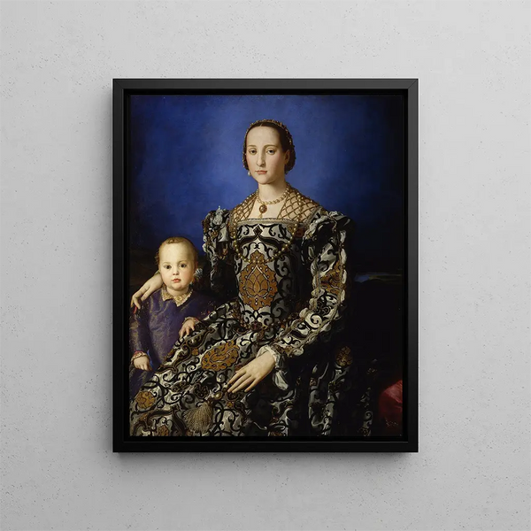 Portrait of Eleanor of Toledo with her son Giovanni de' Medici - Agnolo Bronzino — framed artwork on a wall