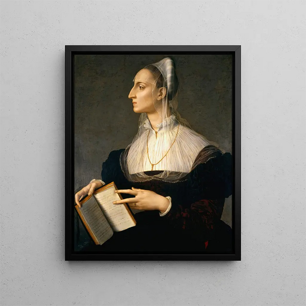 Portrait of Laura Battiferri - Agnolo Bronzino — framed artwork on a wall