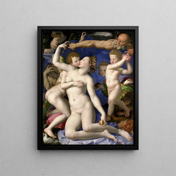 Venus Cupid Madness and Time - Agnolo Bronzino — framed artwork on a wall