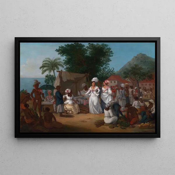 the Linen Market with a linen stall and a vegetable seller in the Antilles - Agostino Brunias — framed artwork on a wall