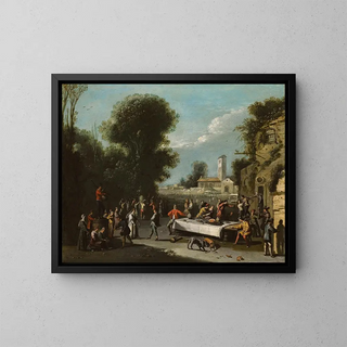 Peasants celebrating and feasting in a landscape with ruins and a church in the distance - Agostino Tassi — framed artwork on a wall