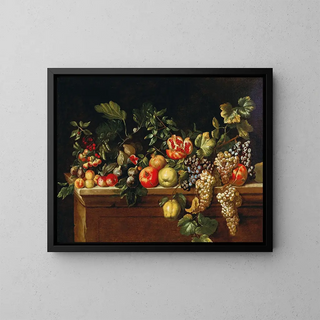 Apples, grapes, figs, pomegranates and other fruits on a ledge - Agostino Verrocchio — framed artwork on a wall