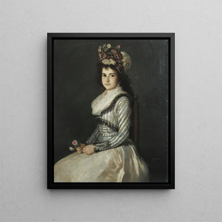 Portrait of a young woman holding two roses - Agustín Esteve y Marqués — framed artwork on a wall