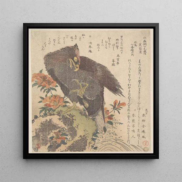 Eagle on a rock with blooming azaleas - Kubo Shunman — framed artwork on a wall